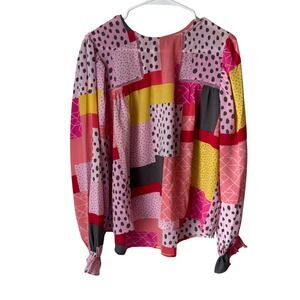 Fate Patchwork Polka Dot Geometric Blouse Pink Yellow Red Long Sleeve Medium